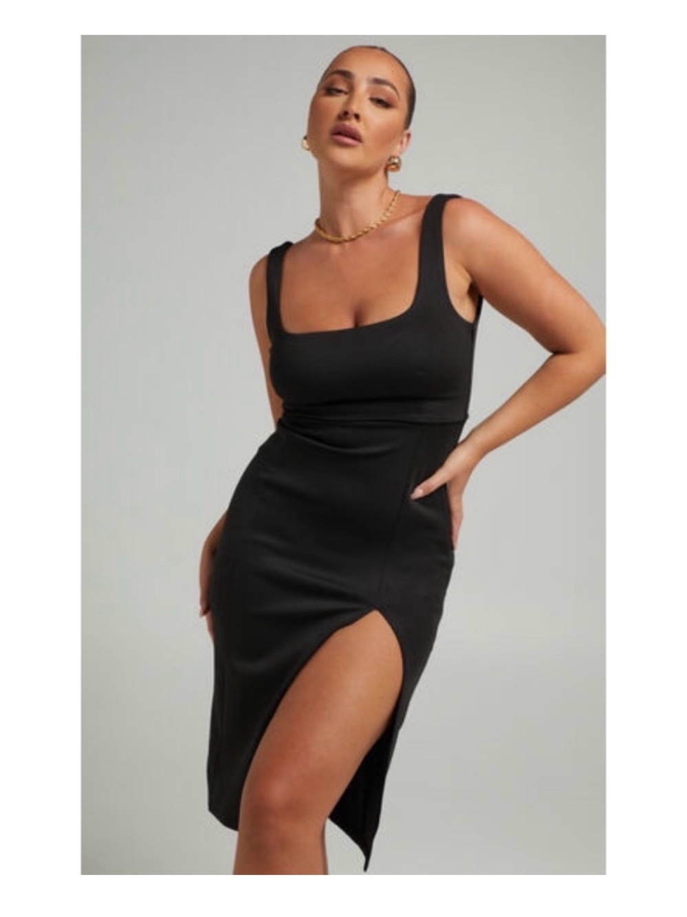 Showpo Black Ribbed Square-Neck Midi Dress